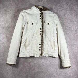 Vintage Y2K Carolina Colours‎ Jacket Womens Small White Corduroy Faux Fur Hood